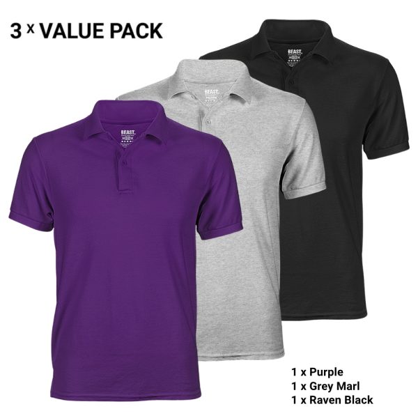 Men’s Polo T-Shirt Bundle Pack – Purple, Grey Marl, Raven Black – Sri Lanka