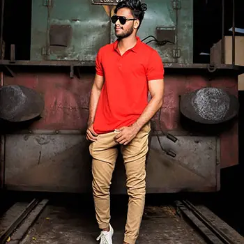 Model on Red Polo T Shirt 55