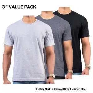 3-Pack Crew Neck T-Shirts for Men – Grey Marl, Charcoal Grey, Raven Black – T-Shirt Republic Sri Lanka