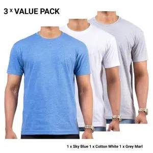 3-Pack Crew Neck T-Shirts for Men – Sky Blue, Cotton White, Grey Marl – T-Shirt Republic Sri Lanka