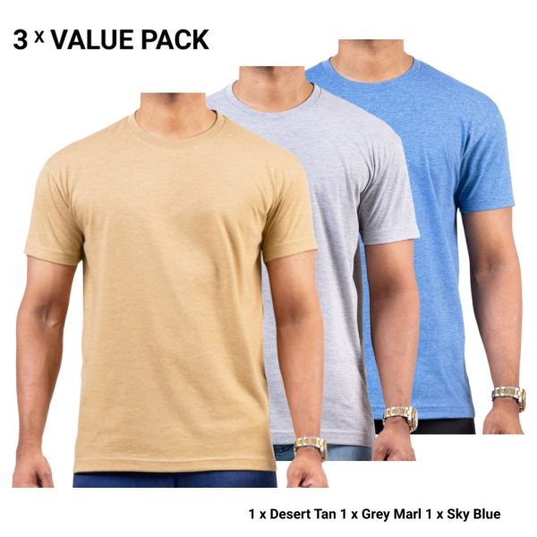 3-Pack Crew Neck T-Shirts for Men – Desert Tan, Grey Marl, Sky Blue – T-Shirt Republic Sri Lanka