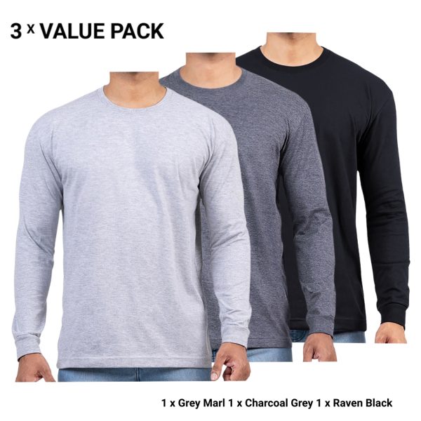 3-Pack Long Sleeve T-Shirts for Men – Grey Marl, Charcoal Grey, Raven Black – T-Shirt Republic Sri Lanka