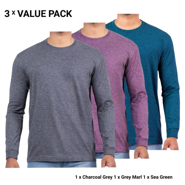 3-Pack Long Sleeve T-Shirts for Men – Charcoal Grey, Grey Marl, Sea Green – T-Shirt Republic Sri Lanka