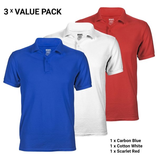 3-Pack Polo T-Shirts for Men – Carbon Blue, Cotton White, Scarlet Red – T-Shirt Republic Sri Lanka