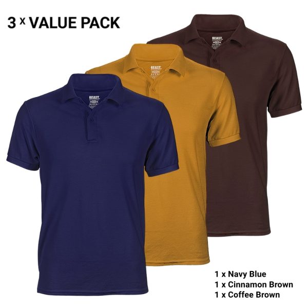 3-Pack Polo T-Shirts for Men – Navy Blue, Cinnamon Brown, Coffee Brown – T-Shirt Republic Sri Lanka