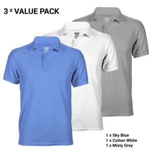 3-Pack Polo T-Shirts for Men – Sky Blue, Cotton White, Misty Grey – T-Shirt Republic Sri Lanka