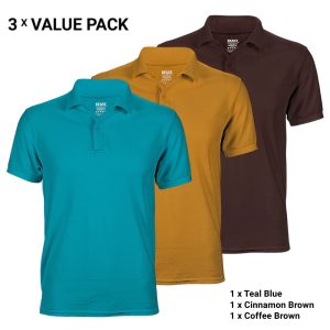 3-Pack Polo T-Shirts for Men – Teal Blue, Cinnamon Brown, Coffee Brown – T-Shirt Republic Sri Lanka