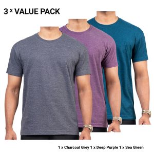 3-Pack Crew Neck T-Shirts for Men – Charcoal Grey, Deep Purple, Sea Green – T-Shirt Republic Sri Lanka